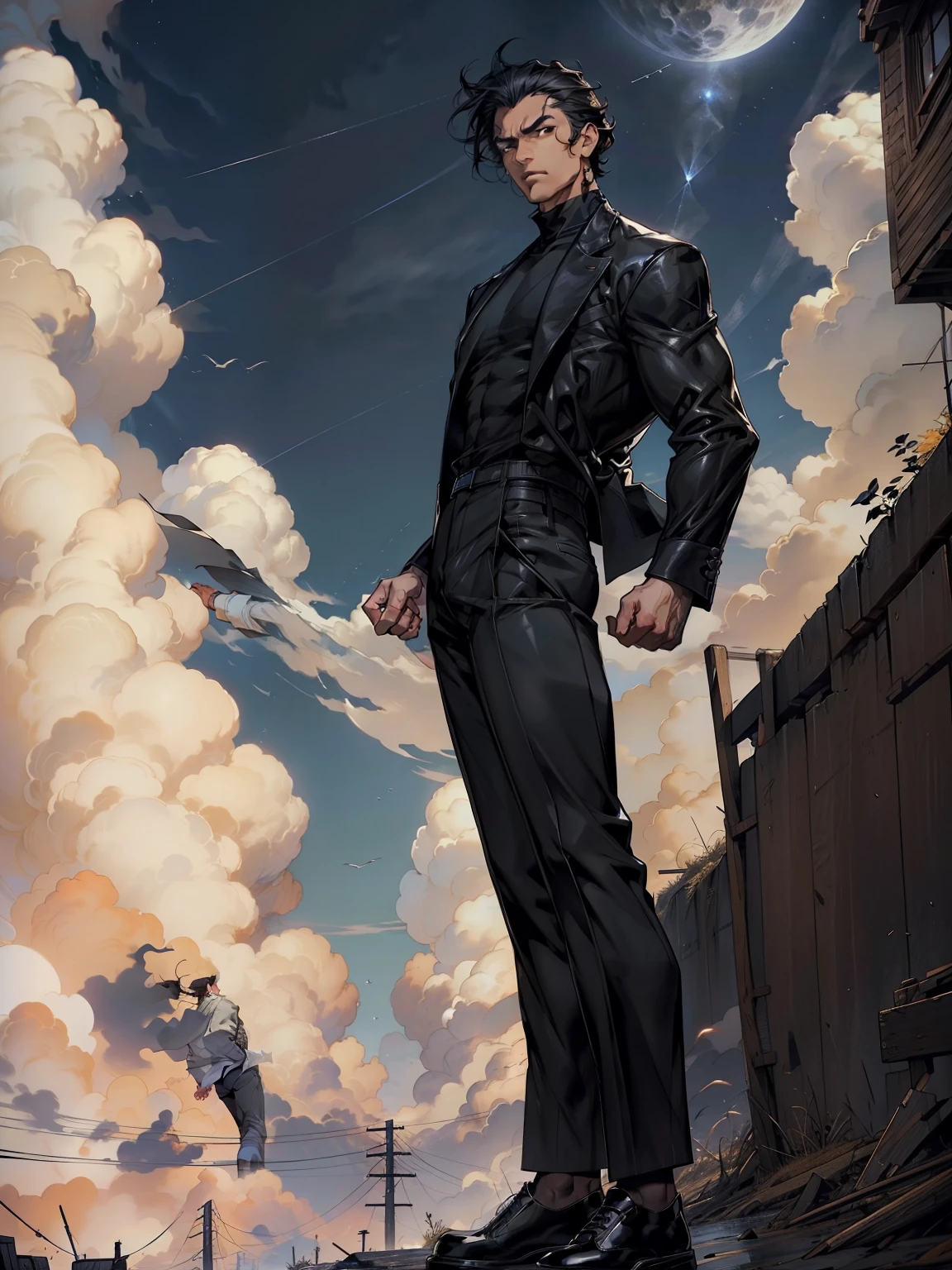 boys 26 Years old, Serious face, brown eyes, ((muscular)), black hair, wearing long lather high neck jacket, black trousers, Black Oxford shoes, ((hands behind his back)), levitates on sky, sky, cloud
