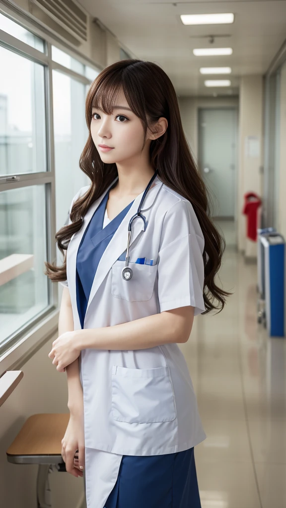 ((masterpiece,Highest quality)), (Like the picture:1.4),((Tabletop,8K)),High resolution,Studio Soft Light, Rim Light, Vivid details, Realistic skin texture,Japanese, One beautiful woman, Long Hair, Wavy Hair, Faint, thin bangs, compensate, 38 years old, Detailed skin, Nurse uniform, Are standing, Upper body photo, View your viewers、Inside the hospital、Hospital corridor