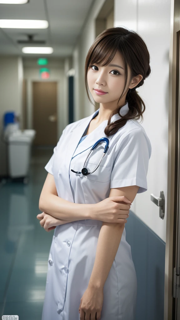 ((masterpiece,Highest quality)), (Like the picture:1.4),((Tabletop,8K)),High resolution,Studio Soft Light, Rim Light, Vivid details, Realistic skin texture,Japanese, One beautiful woman, Long Hair, Wavy Hair, Faint, thin bangs, compensate, 38 years old, Detailed skin, Nurse uniform, Are standing, Upper body photo, View your viewers、Inside the hospital、Hospital corridor