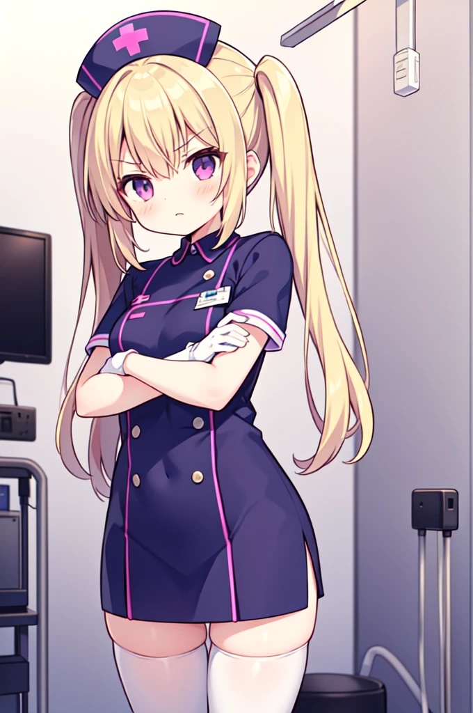 1girl, solo, nurse, nurse cap, white nurse uniform, ((white legwear, zettai ryouiki)), white gloves, twintails, yellow hair, purple eyes, angry, crossed arms, standing, ((hospital room)), sharp outline, short sleeves, best quality, masterpiece