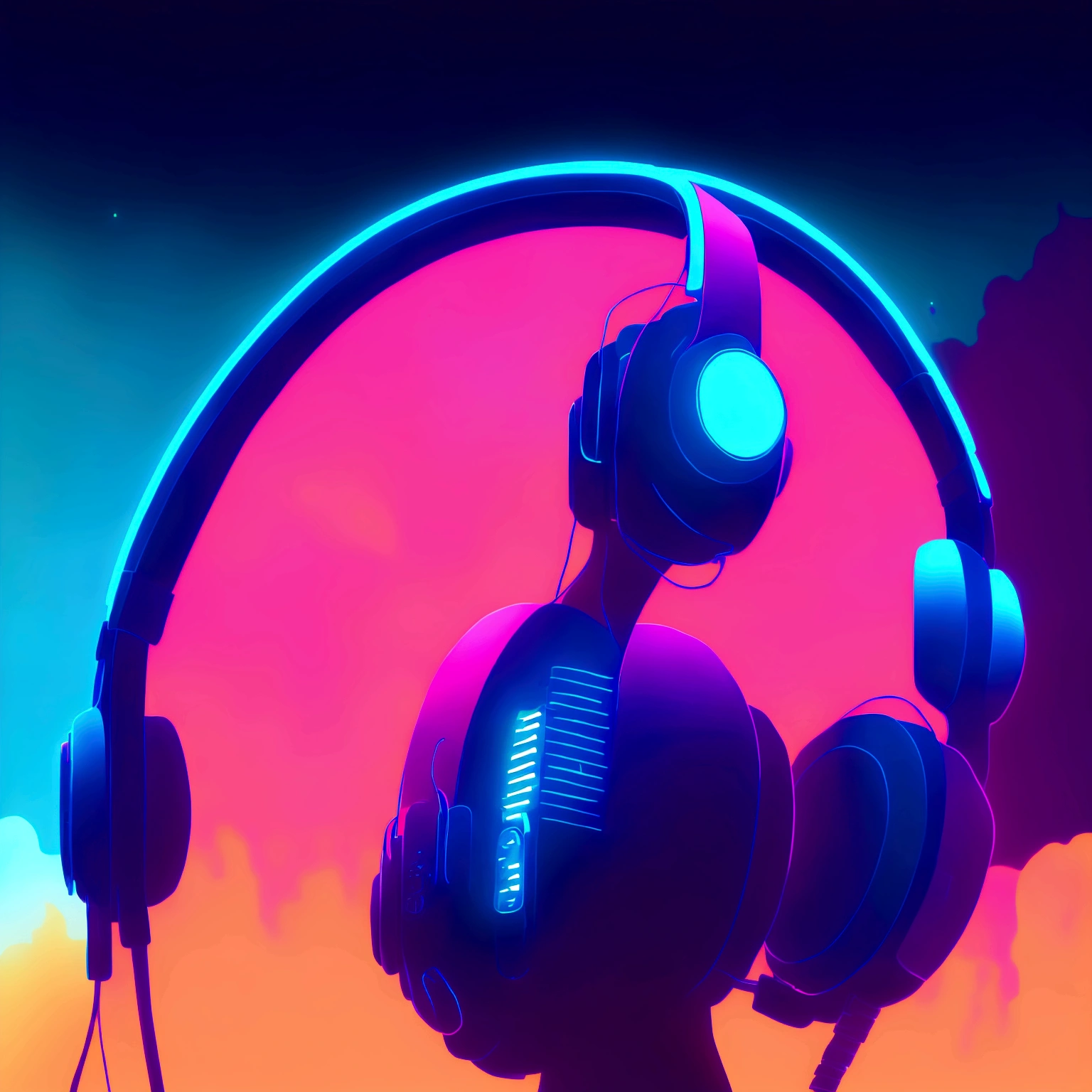 a close up of a person wearing headphones in front of a city, a character portrait inspired by miles johnston, deviantart contest winner, serial art, lofi portrait, lofi artstyle, ( ( ( synthwave ) ) ), procreate illustration, synthwave art style ]!!, [ synthwave art style ]!!, synthwave inspired