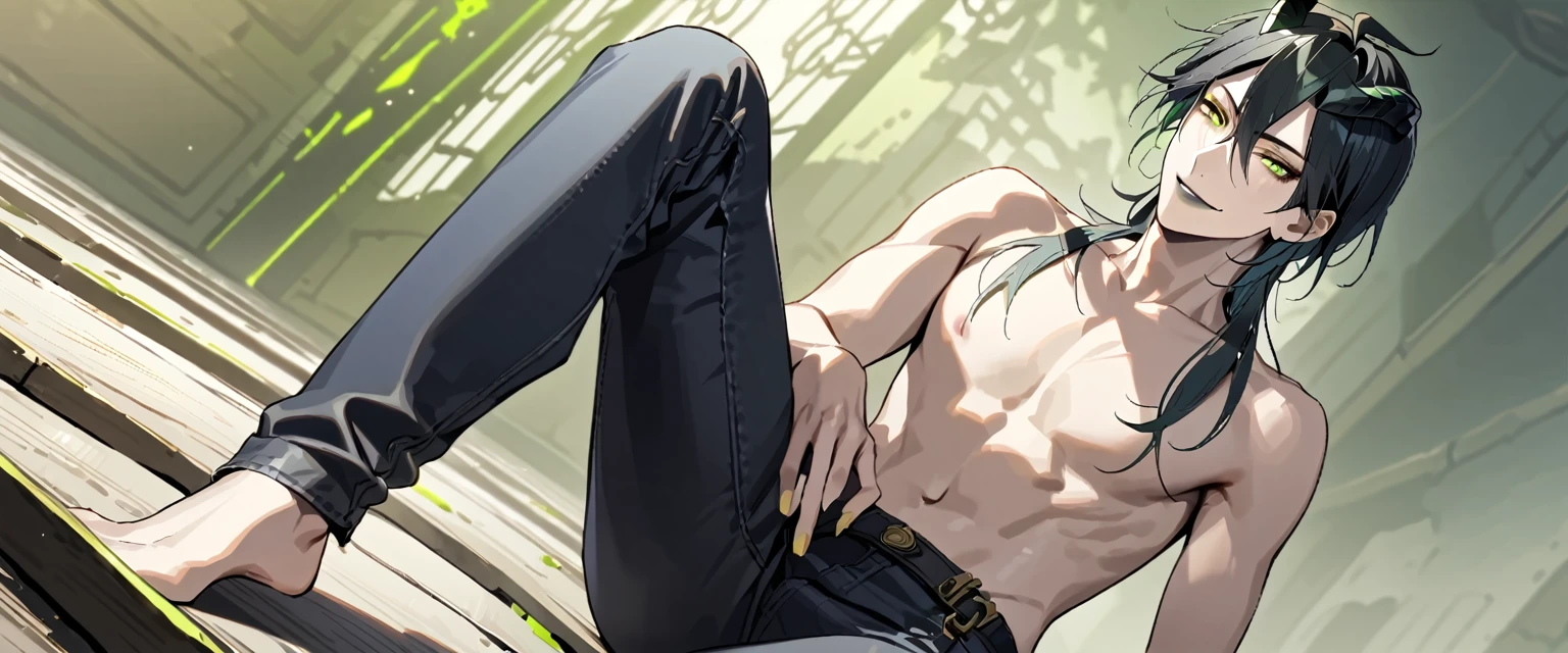 masterpiece, highres, absurdres, illustration, 1boy, sitting on floor, topless, black leather jacket, jeans, dynamic angle, malleus draconia (twisted wonderland) horns, bishounen, boy, male, yana Toboso style, long hair, black hair, yellow green eyes, smile, gray lips, handsome, skinny, tall, yellow green glow,
