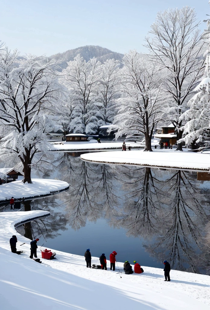 Lakeside after snow，Many people fishing together wearing hats，It's cold