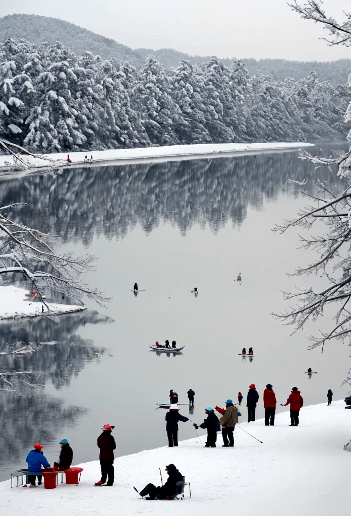 Lakeside after snow，Many people fishing together wearing hats，It's cold