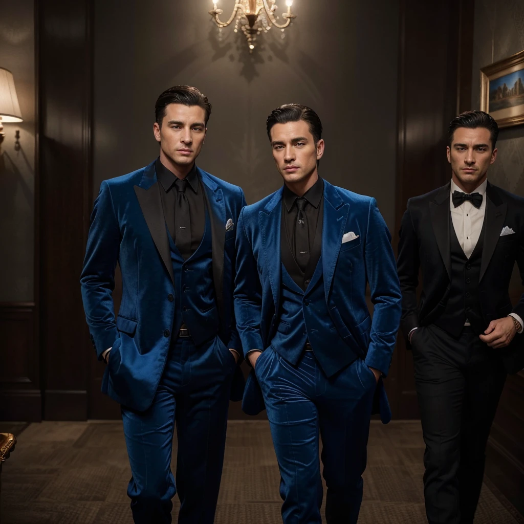 Two 30 -year-old men , with a masculine appearance, wearing a blue velvet coat and black pant of suit. The scene depicts a masterpiece of art, showcasing the men professional and wealthy lifestyle. The image is of the best quality, with ultra-detailed features. The color tone is rich and vibrant ,masterpiece, ultra realistic, detailed face, detailed fingers.