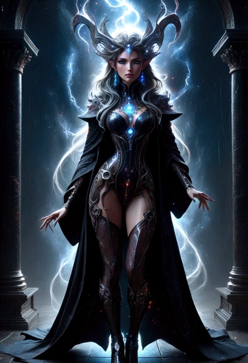 Super sexy powerful sorceress creating an earthquake with magic, beautiful image, highly detailed, dark robes, stockings, boots, dynamic pose, maximalist, Character focus ,sci-fi, looks into camera, (highly detailed face 1.6), (detailed legs 1.2), (detailed feet 1.2), full body image, science fiction, beautiful image, highly detailed, maximalist, dark anime, rain, neon, darkness, highly detailed, maximalist, cinematic