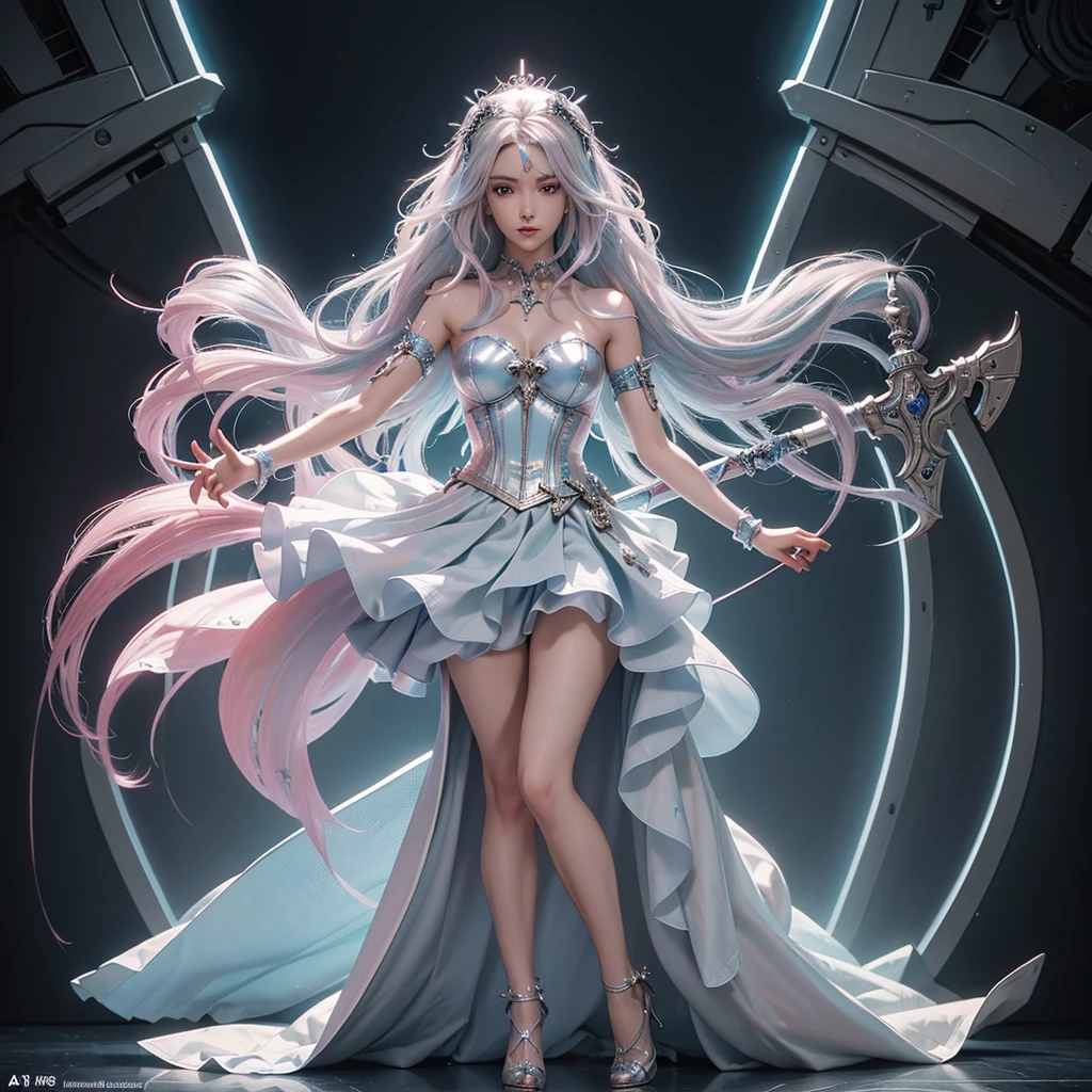 mirrornun, more prism, vibrant color,
silver
hair, shiny clothes, Detailed pink eyes, pink dress,
blue corset, futuristic weapon, shiny blue sword,
white jellyfish hair ornament, two different sized
socks, high heels, full body, Futuristic, very Detailed, (Face Detail Optimization: 1.5) (Masterpiece), (Advanced: 1.5), Top CG, Highest Quality, Right Proportions, Perfect Composition, High Quality Detail, Perfect Detail, (Super Detailed CG: 1.2), (8K: 1.2), Realistic, Octane Rendering,