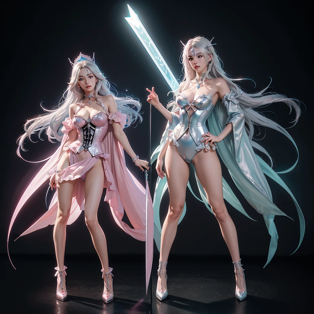 mirrornun, more prism, vibrant color,
silver
hair, shiny clothes, Detailed pink eyes, pink dress,
blue corset, futuristic weapon, shiny blue sword,
white jellyfish hair ornament, two different sized
socks, high heels, full body, Futuristic, very Detailed, (Face Detail Optimization: 1.5) (Masterpiece), (Advanced: 1.5), Top CG, Highest Quality, Right Proportions, Perfect Composition, High Quality Detail, Perfect Detail, (Super Detailed CG: 1.2), (8K: 1.2), Realistic, Octane Rendering,