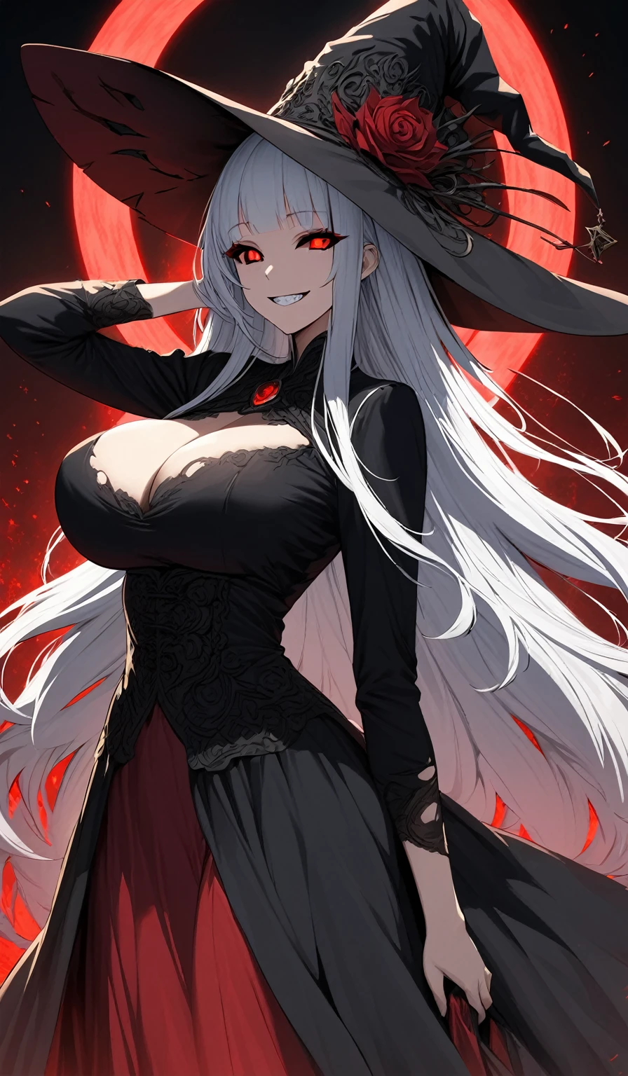 Masterpiece, very detailed, ultra detailed, alone, (1 woman), She is in a red witch dress with black details, black witch hat with red details and in an elegant pose, super mature, tall, mother, mature mother, super long hair, bright white straight hair and bangs on the sides, beautiful, charming, black sclera and blood red eyes, elegant, ??????????? (huge, torn), cheerful ???????, wide smile, wild smile, crazy smile, toothy smile, charming, dark background, atmosphere against the background of a huge red aura around her.