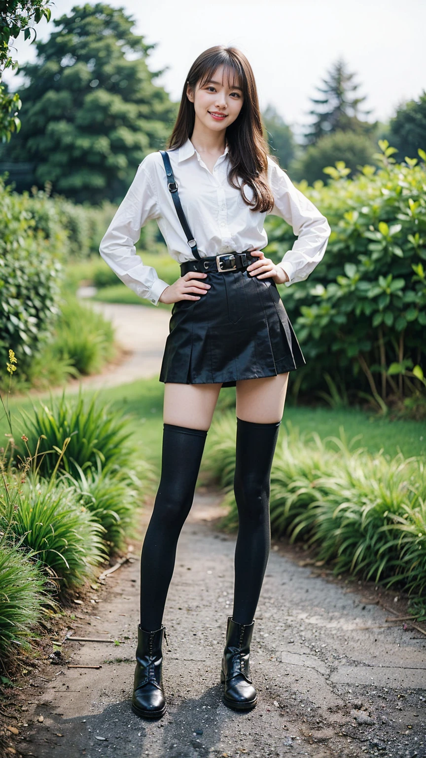 (8K、RAW Photos、Highest quality、masterpiece:1.2)、(Realistic、Realistic)、1 Girl、((mini skirt、shirt、black、Thin legs、whole body、boots、one piece、tights、garden、View from the front、smile、Looking into the camera、belt、Stand with hands on hips))、cute