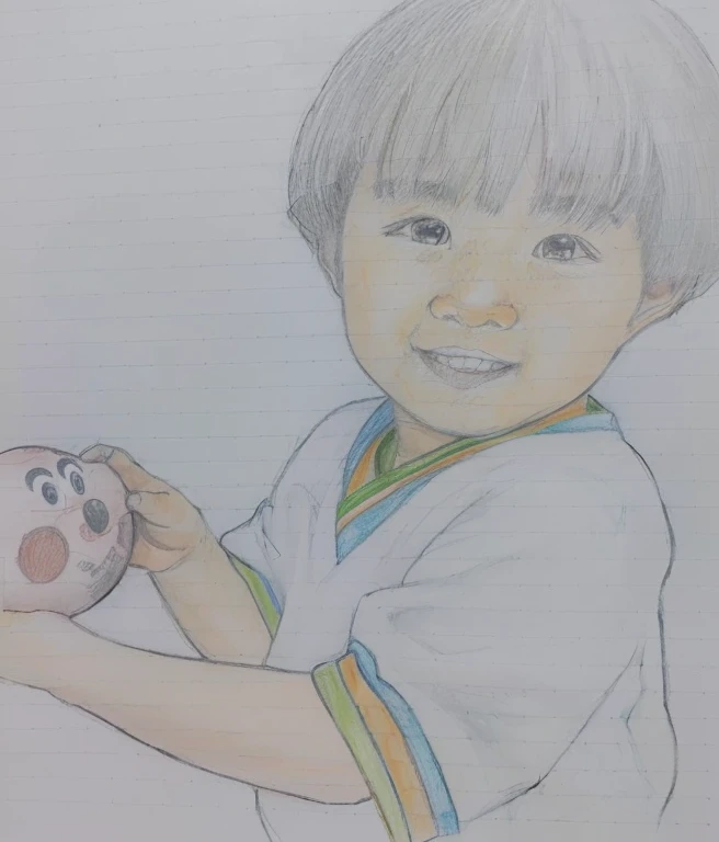 a close up of a drawing of a boy holding a baseball glove, Colored pencil sketch, Colored pencilスケッチ, ??? drawing, based on child's drawing, full color drawing, color drawing, By Yuki Ogura,  drawing, Inspired by Takeharu Matsumura, Colored pencil, By Yasutomo Oka, traditional art, children's book drawingカラー画、A boy holding a piece of bread with Anpanman&#39;s face on it