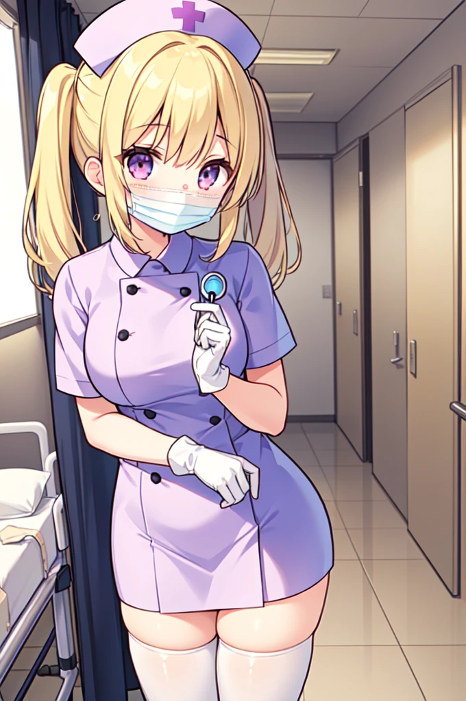 1girl, solo, nurse, nurse cap, white nurse uniform, ((white legwear, zettai ryouiki)), white gloves, twintails, yellow hair, purple eyes, ((white surgical mask, covered nose)), standing, ((hospital room)), sharp outline, short sleeves, best quality, masterpiece
