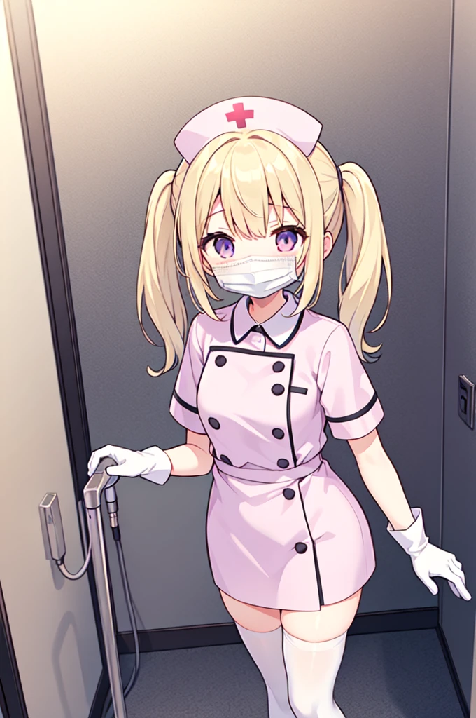 1woman, solo, nurse, white nurse cap, white nurse uniform, ((white legwear, zettai ryouiki)), white gloves, blonde hair, blue eyes, ((white surgical mask, covered nose)), standing, ((hospital room)), sharp outline, short sleeves, mature female, 35 years old, best quality, masterpiece