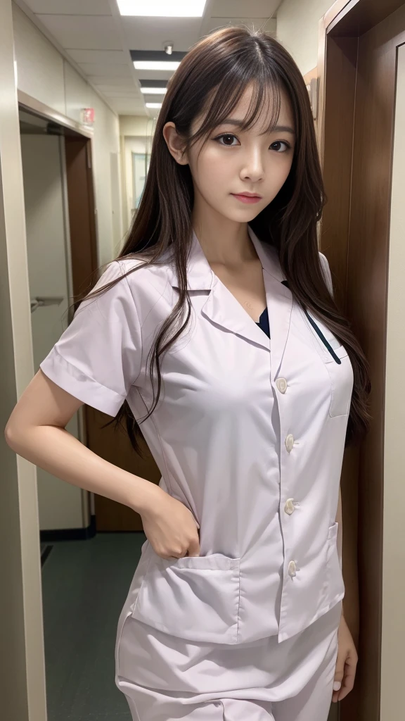 ((masterpiece,Highest quality)), (Like the picture:1.4),((Tabletop,8K)),High resolution,Studio Soft Light, Rim Light, Vivid details, Realistic skin texture,Japanese, One beautiful woman, Long Hair, Wavy Hair, Faint, thin bangs, compensate, 38 years old, Detailed skin, Nurse uniform, Are standing, Upper body photo, View your viewers、Inside the hospital、Hospital corridor
