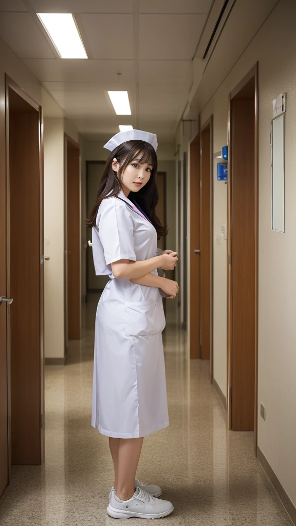 ((masterpiece,Highest quality)), (Like the picture:1.4),((Tabletop,8K)),High resolution,Studio Soft Light, Rim Light, Vivid details, Realistic skin texture,Japanese, One beautiful woman, Long Hair, Wavy Hair, Faint, thin bangs, compensate, 38 years old, Detailed skin, Nurse uniform, Are standing, Upper body photo, View your viewers、Inside the hospital、Hospital corridor