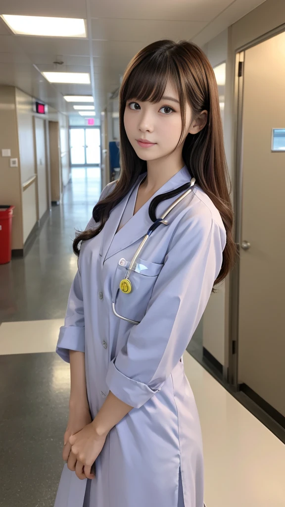 ((masterpiece,Highest quality)), (Like the picture:1.4),((Tabletop,8K)),High resolution,Studio Soft Light, Rim Light, Vivid details, Realistic skin texture,Japanese, One beautiful woman, Long Hair, Wavy Hair, Faint, thin bangs, compensate, 38 years old, Detailed skin, Nurse uniform, Are standing, Upper body photo, View your viewers、Inside the hospital、Hospital corridor