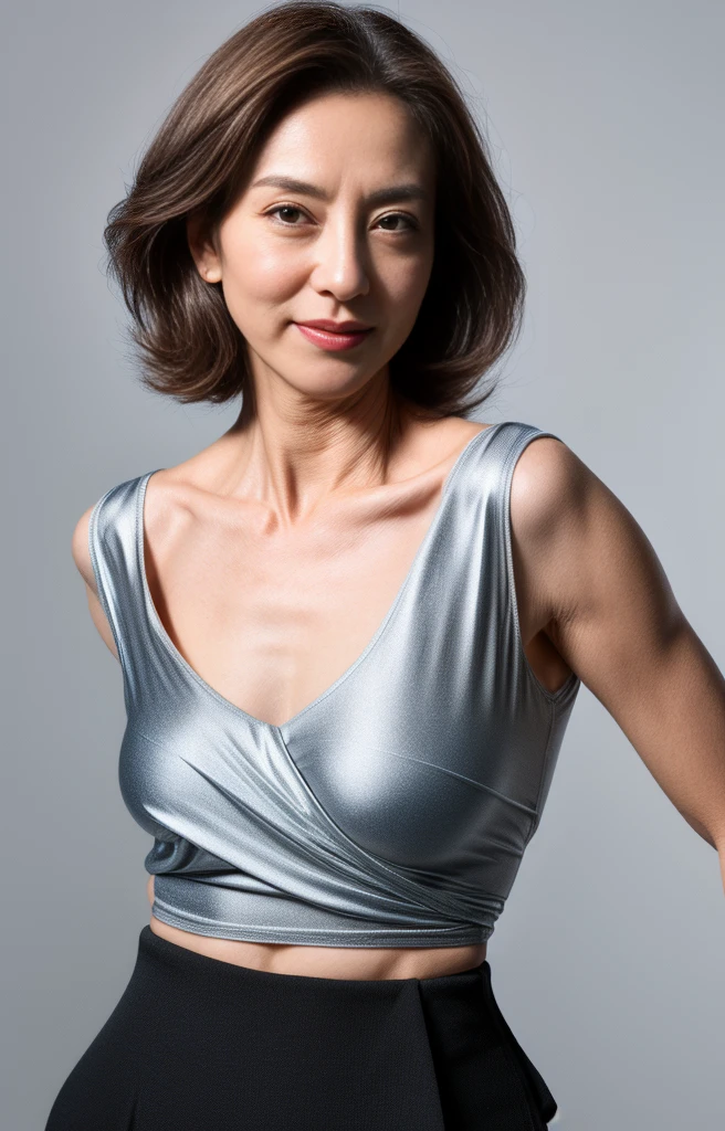 (Highest quality,8K,masterpiece),
Rough skin,Wrinkles around the mouth and eyes、 Anatomically correct, sharp, Gray background((Japanese Mature, 50 years old)), alone, ((Facial wrinkles),Dark eyes and shapely breasts, Straight light brown hair that reaches the shoulders, Firm and chubby body type (((Stand upright, Facing the center of the screen.))), Close your mouth and look straight ahead with a serious face..,,silver silk blouse,A slit skirt that accentuates the waist, Looking into the camera。Sexy Makeup、、smile、Beautiful clavicle、Pubic hair shape、The chest is hidden by clothes