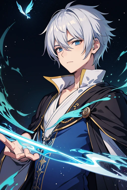 masterpiece, Highest quality, High resolution,Anime Style、Anatomically correct、Silver Hair、Short Hair、male、Wizard、Robe、magic、Blue flames fly around、With an ancient castle in the background、Upper body only