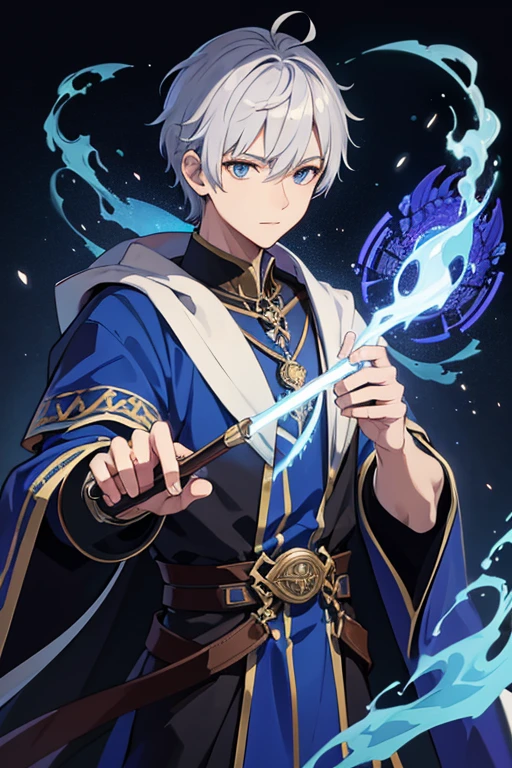 masterpiece, Highest quality, High resolution，Anime Style、Anatomically correct、Silver Hair、Short Hair、male、Wizard、Robe、magic、Blue flames fly around、With an ancient castle in the background、Upper body only