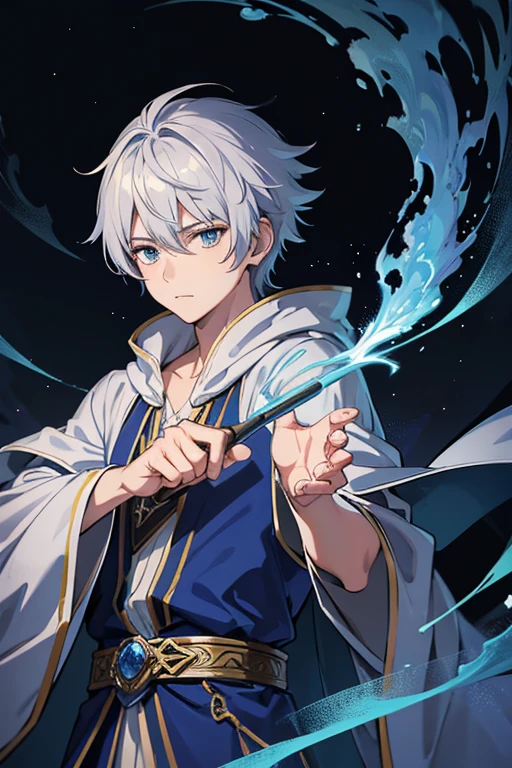 masterpiece, Highest quality, High resolution，Anime Style、Anatomically correct、Silver Hair、Short Hair、male、Wizard、Robe、magic、Blue flames fly around、With an ancient castle in the background、Upper body only