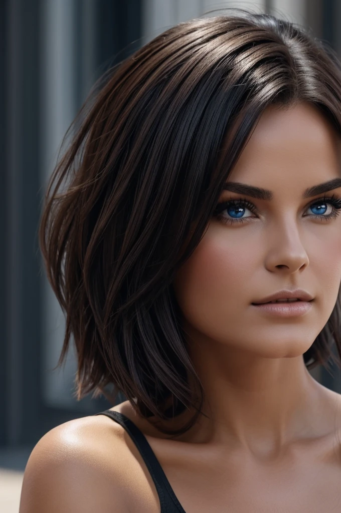 Brune cheveux noir long yeux bleu 4K ultra realiste haute résolution