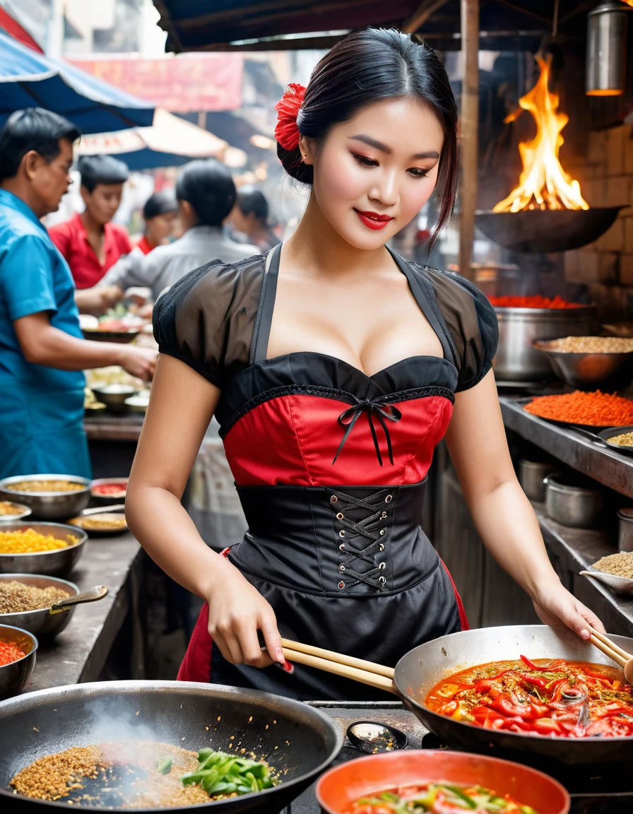 Generate an image of a woman cooking at an outdoor food stall. The woman has an elegant hairstyle and is wearing a black sheer corset-style top paired with a red apron. She is actively stirring food in a large wok over an open flame. The background includes typical elements of a street food stall, such as metal counters, bowls and various cooking ingredients. The scene is vibrant and busy, focusing on women's activity and clothing.