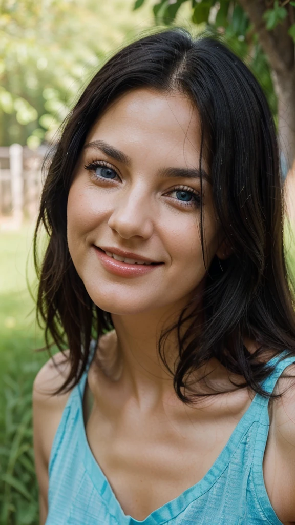  Depict a beautiful woman aged 40-45 with smooth black hair and bright blue eyes that radiate warmth and kindness. Her Slavic appearance is characterized by even facial features, clear skin, and a natural smile that reflects inner harmony. Show her engaged in taking a selfie, capturing her joyful and confident aura.