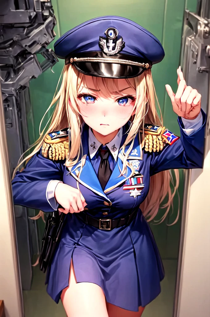 1 girl, sfw, beautiful girl, high quality, 18 years old, dictator, dictator hat, arrogant behave, arrogant, frustrated, outside, public, nazis, angry, (a girl is looking down the viewer), low angle, from below, (a girl disgusting the videwer), narrow eyed