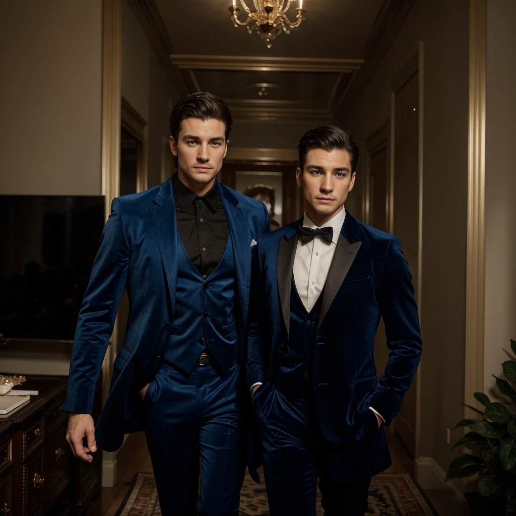 Two 30 -year-old men , with a masculine appearance, wearing a blue velvet coat and black pant of suit. The scene depicts a masterpiece of art, showcasing the men professional and wealthy lifestyle. The image is of the best quality, with ultra-detailed features. Daylight , The color tone is rich and vibrant ,masterpiece, ultra realistic, detailed face, detailed fingers.
