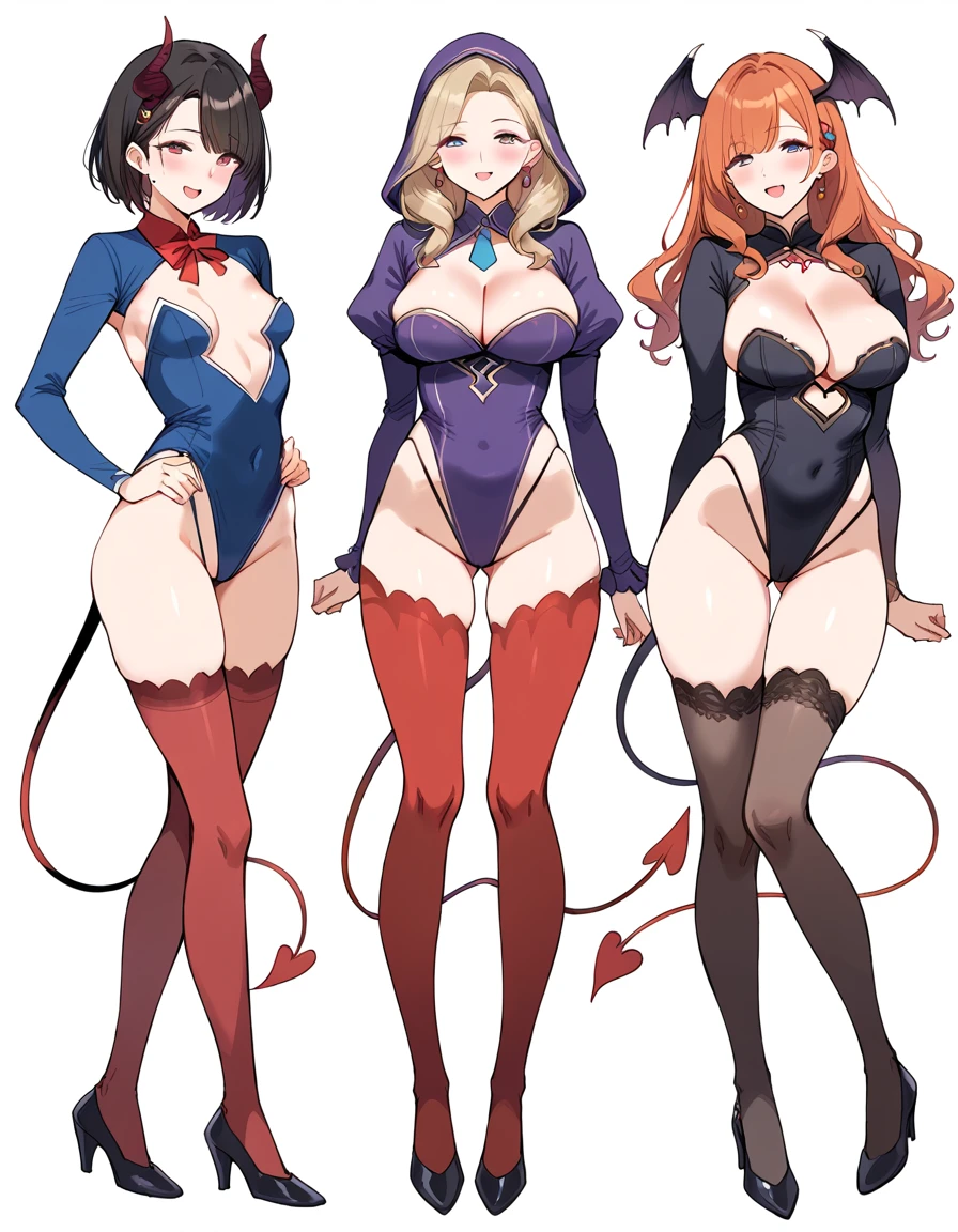 3 girls, variety of hairstyles, high fantasy costume, ((white background)), full body, multiple views, succubus, thong, shrug, leotard, cleavage, short tie, gal, small breasts, milf,