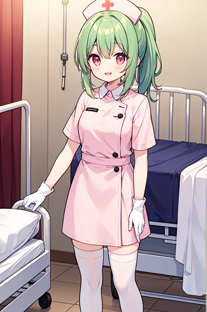 1girl, solo, nurse, nurse cap, white nurse uniform, ((white legwear, zettai ryouiki)), white gloves, ponytail, green hair, pink eyes, smile, standing, ((hospital room)), sharp outline, short sleeves, best quality, masterpiece