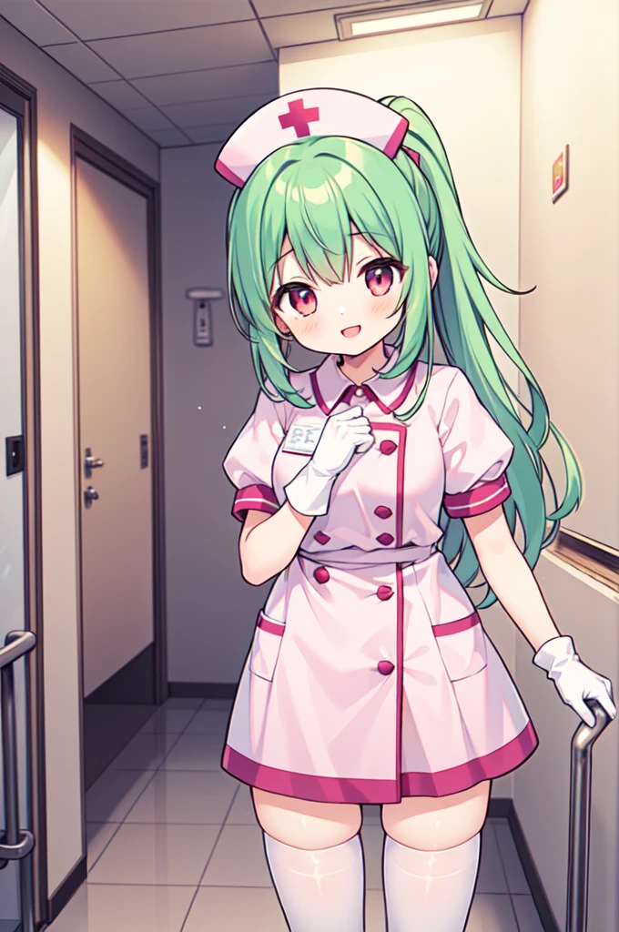 1girl, solo, nurse, nurse cap, white nurse uniform, ((white legwear, zettai ryouiki)), white gloves, ponytail, green hair, pink eyes, smile, standing, ((hospital room)), sharp outline, short sleeves, best quality, masterpiece