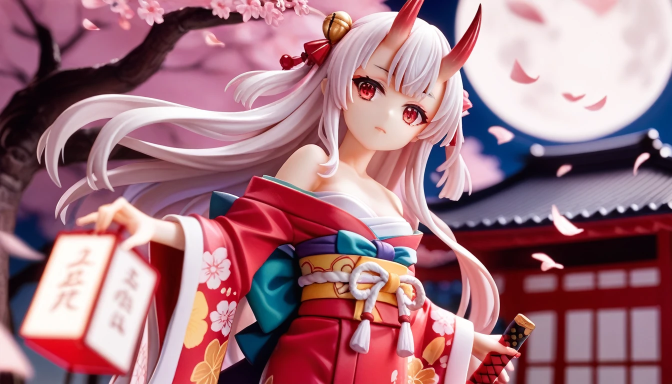 best quality,ultra detailed,extremely detailed and beautiful,perfect anatomy,perfect hands,(1 girl,solo)++++,heart-shaped boob challenge, (Nakiri Ayame)+++,red eyes,white hair,hair bell ,long hair,oni horns,Small breasts,(katana)+, japanese clothes,red kimono,kouhaku nawa,shimenawa ,( off shoulder)+++,Cherry blossom trees,(full moon),