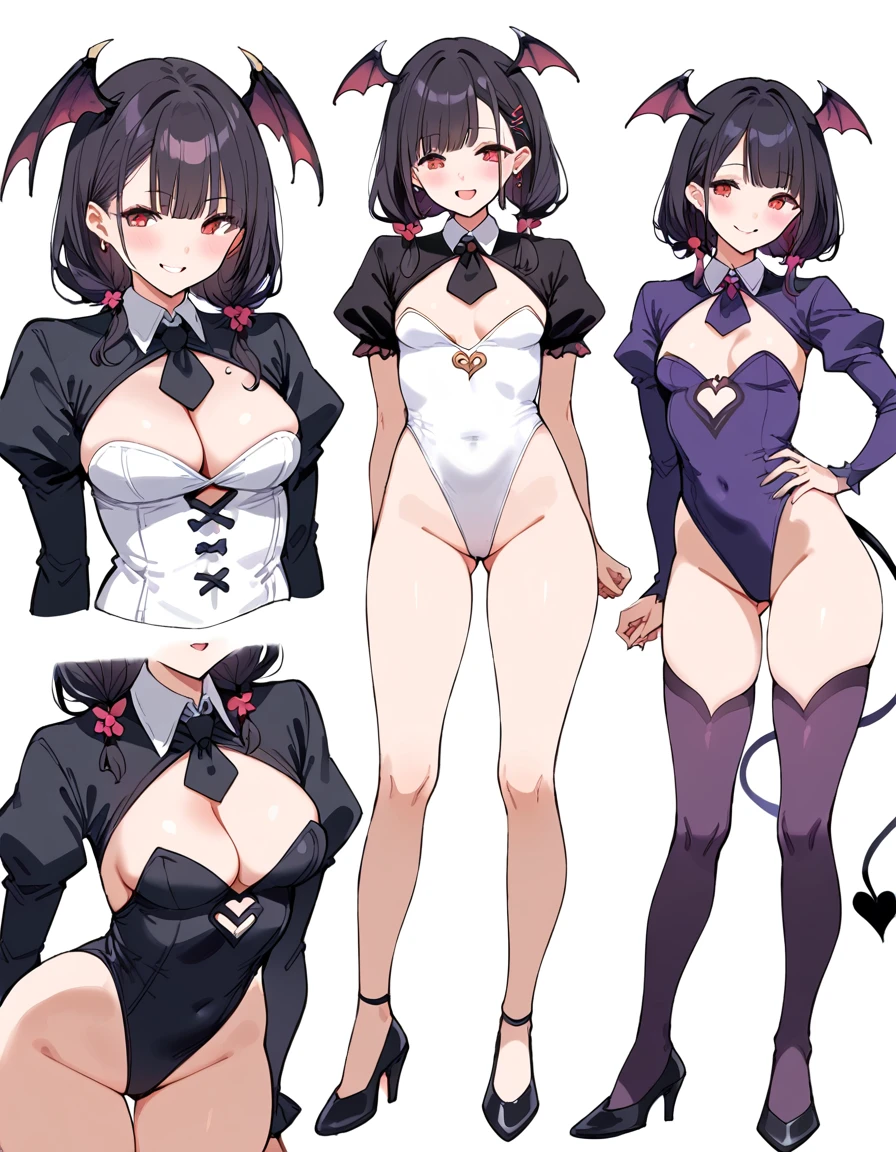 3 girls, variety of hairstyles, high fantasy costume, ((white background)), full body, multiple views, succubus, thong, shrug, leotard, cleavage, short tie, small breasts,