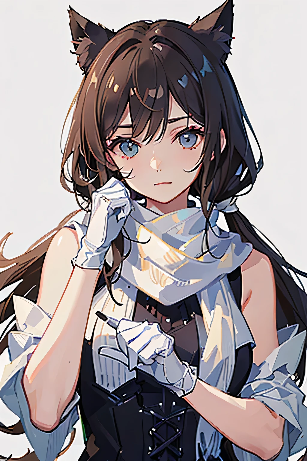 (masterpiece: 1.2, Highest quality), (Actual photo, Intricate details), 1. Female, alone, casual, Shoulder-length hair, Minimal makeup, Natural materials, Face close-up, Brown Hair, Cat ear,White gloves，White scarf，Town