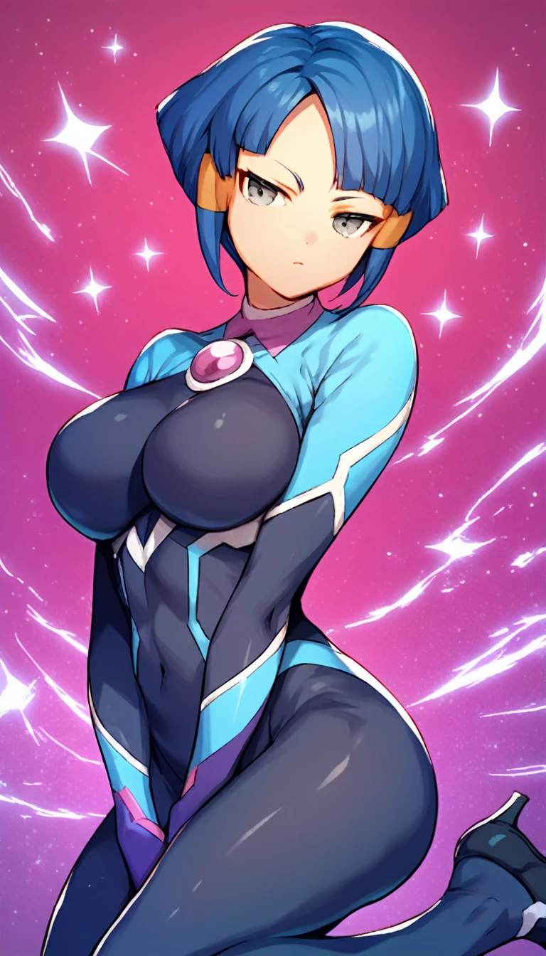 best quality,ultra detailed,solo,score_9, score_8_up, score_7_up, score_6_up, score_5_up, score_4_up, source_anime, 1girl, clara, blue hair, hair tubes, grey eyes, bodysuit,big breasts, sexy pose, (front view,portrait),full body,heavenly ass, heavenly breasts, big ass, no shoes, wearing black heels, upset, cute, face, long legs, tight bodysuit, tight sleeves, black bodysuit, half-closed eyes, backside, purple core, charging power, charging energy, dark energy, using power, using energy