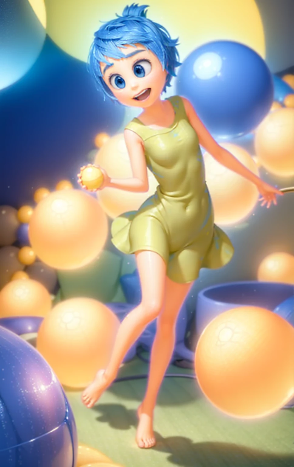 Masterpiece, Best Quality, (happiness_Inside out, yellow skin, in a ball pit, glowing spheres, ),  happy, green dress,  pixar, Cartoon, 3D rendering, 