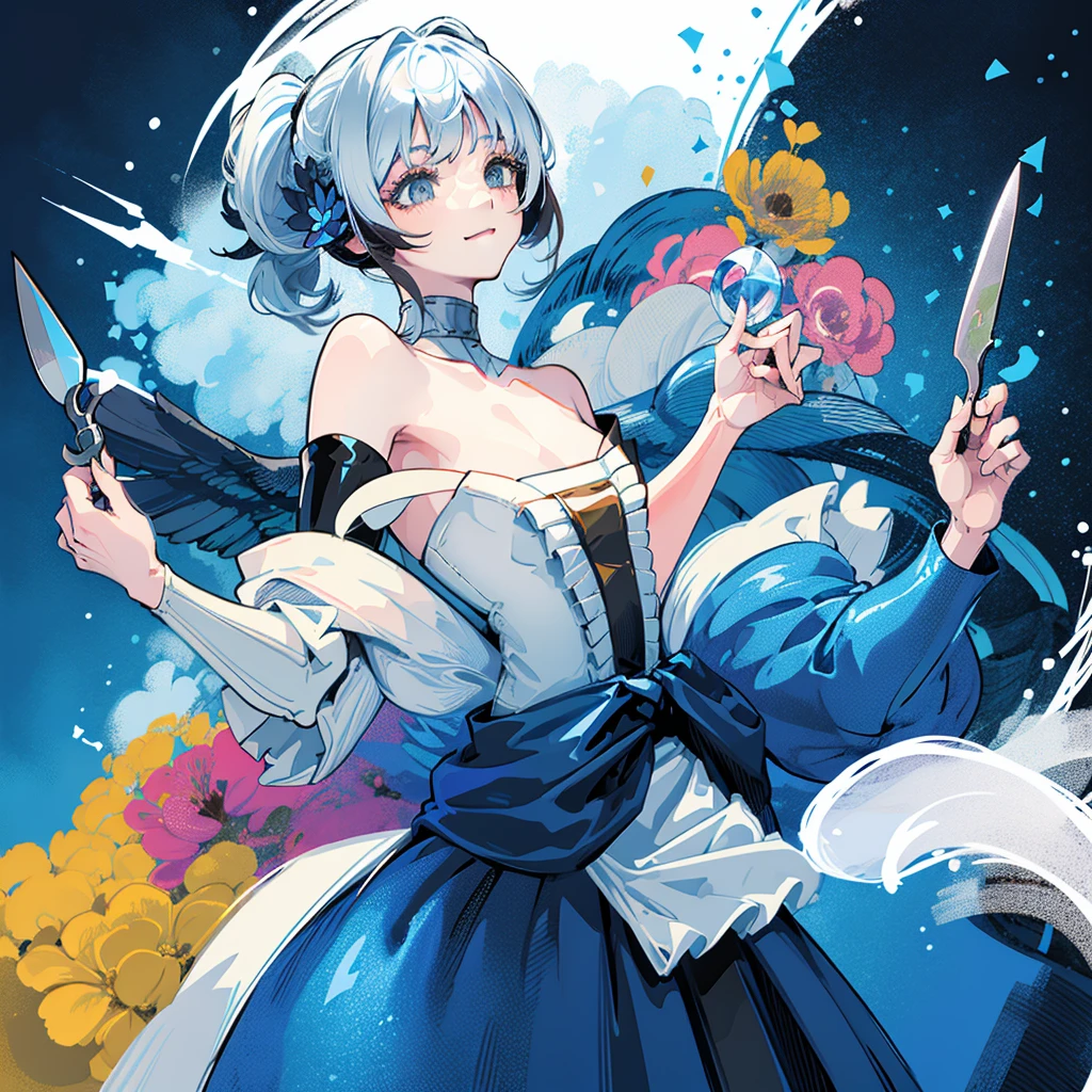 Scissors Details, Draw detailed hair, Improve the dress, Adding color to the skin, Blue and white dress arrange the breasts, Improve the scissors, Hint hint, Draw detailed eye and facial contours、Draw the scissors handle in detail, Two curly pigtails visible in front, Clear hair, smile, Define the eyes, Hand holding scissors, Scissors Details, Two bands on the sides of the curled pigtails cover the chest area., Smaller breasts, Blue and white dress, Blue in the center、Both sides are white, defines the smile, Improve your face