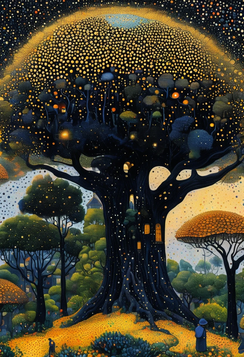 Georges Seurat:Strange illustration,Pointillism method,Trypophobia,Building on tree tops,Eye,unrealistic,Strong visual impact,black background,Star