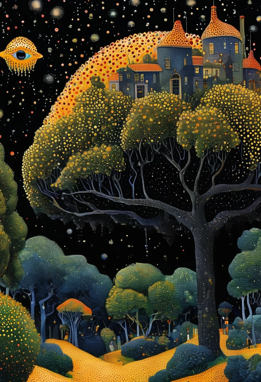 Georges Seurat：Strange illustration，Pointillism method，Trypophobia，Building on tree tops，Eye，unrealistic，Strong visual impact，black background，Star
