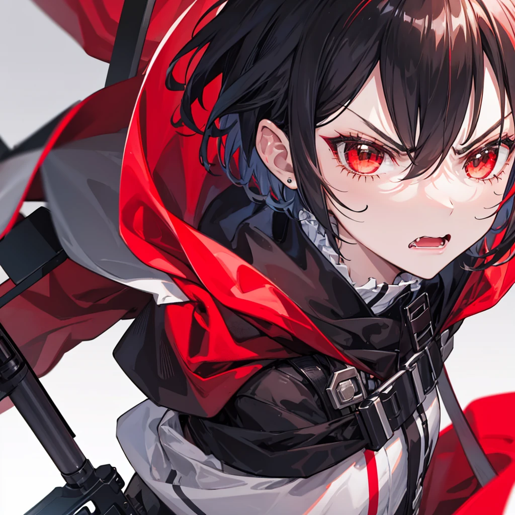 close-up of a girl with a machine gun in her hands , tactical clothes , Cloak , short hair , angry face . Without background , looking into the camera . Red colors