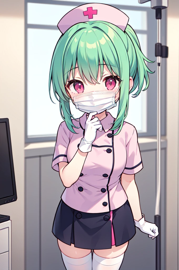 1girl, solo, nurse, nurse cap, white nurse uniform, ((white legwear, zettai ryouiki)), white gloves, ponytail, green hair, pink eyes, ((white surgical mask, covered nose)), standing, ((hospital room)), sharp outline, short sleeves, best quality, masterpiece