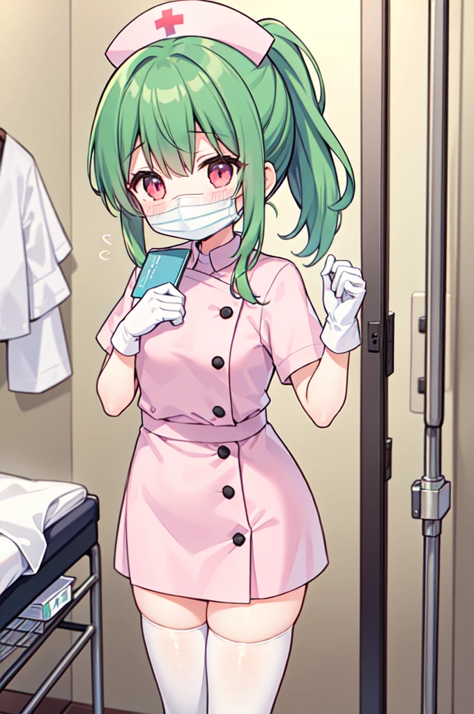 1girl, solo, nurse, nurse cap, white nurse uniform, ((white legwear, zettai ryouiki)), white gloves, ponytail, green hair, pink eyes, ((white surgical mask, covered nose)), standing, ((hospital room)), sharp outline, short sleeves, best quality, masterpiece