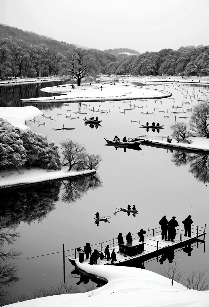 Black and White的中国水墨画,Black and White,Lakeside after snow,Many people fishing together wearing hats,It's cold