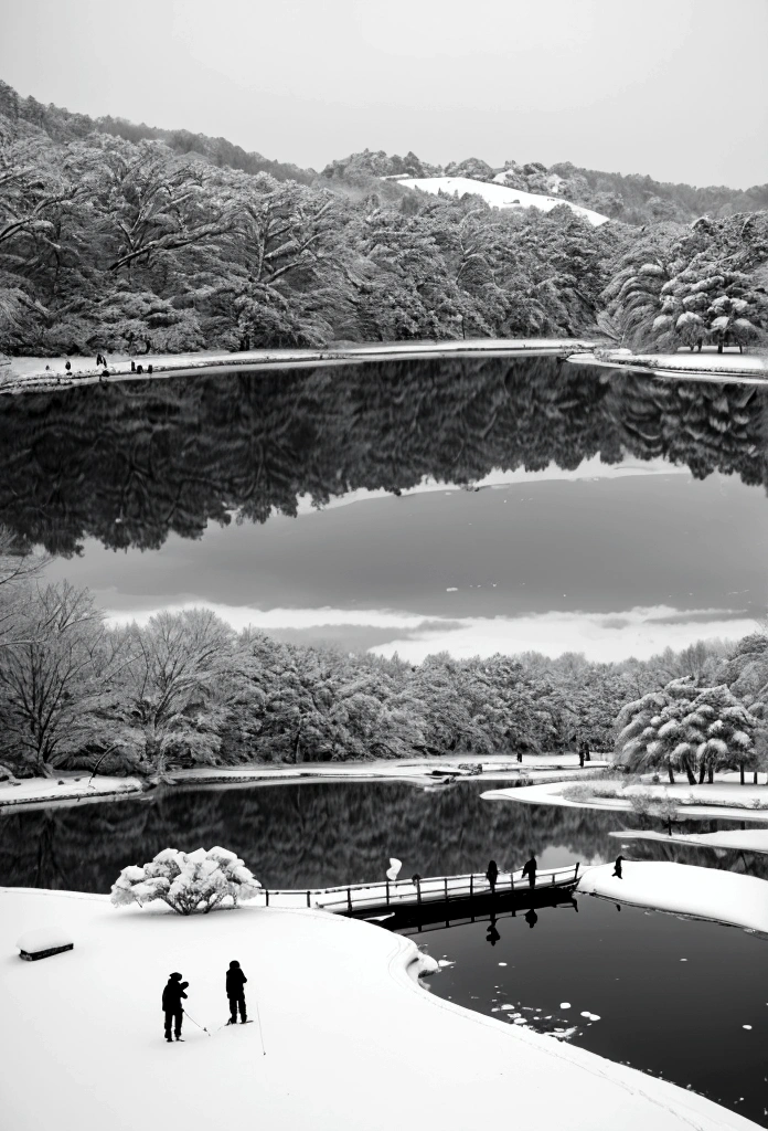 Black and White的中国水墨画,Black and White,Lakeside after snow,Many people fishing together wearing hats,It's cold