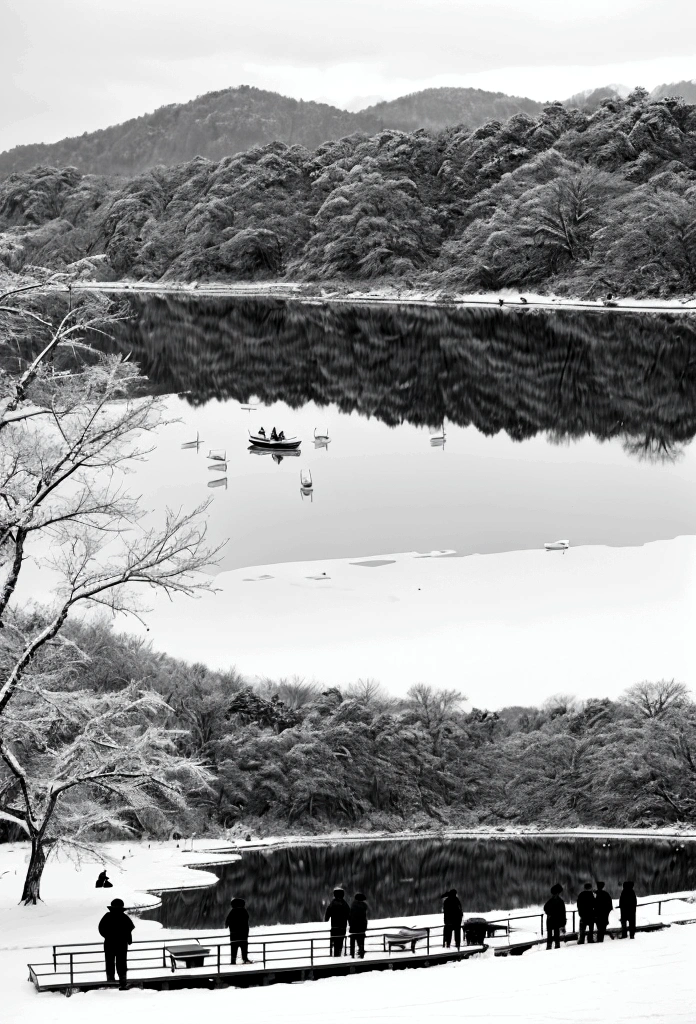 Black and White的中国水墨画,Black and White,Lakeside after snow,Many people fishing together wearing hats,It's cold