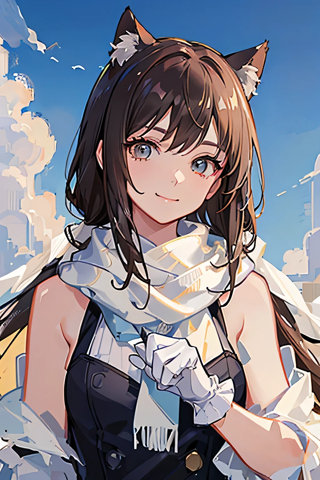 (masterpiece: 1.2, Highest quality), (Actual photo, Intricate details), 1. Female, alone, casual, smile，Shoulder-length hair, Minimal makeup, Natural materials, Face close-up, Brown Hair, Cat ear,White gloves，White scarf，Town