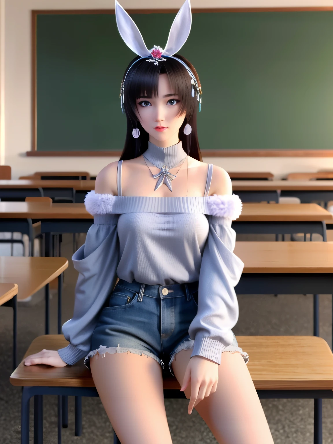 ((HRD, HUD, 8K)),((masterpiece, best quality)), highly detailed,1girl, solo, hair ornament, black hair, brown hair, long hair, blue eyes, facial mark, forehead mark,animal ears, rabbit ears,(off-shoulder sweater:1.2), denim shorts, black pantyhose, blurry background, classroom, chalkboard, sitting, cowboy shot, looking at viewer,