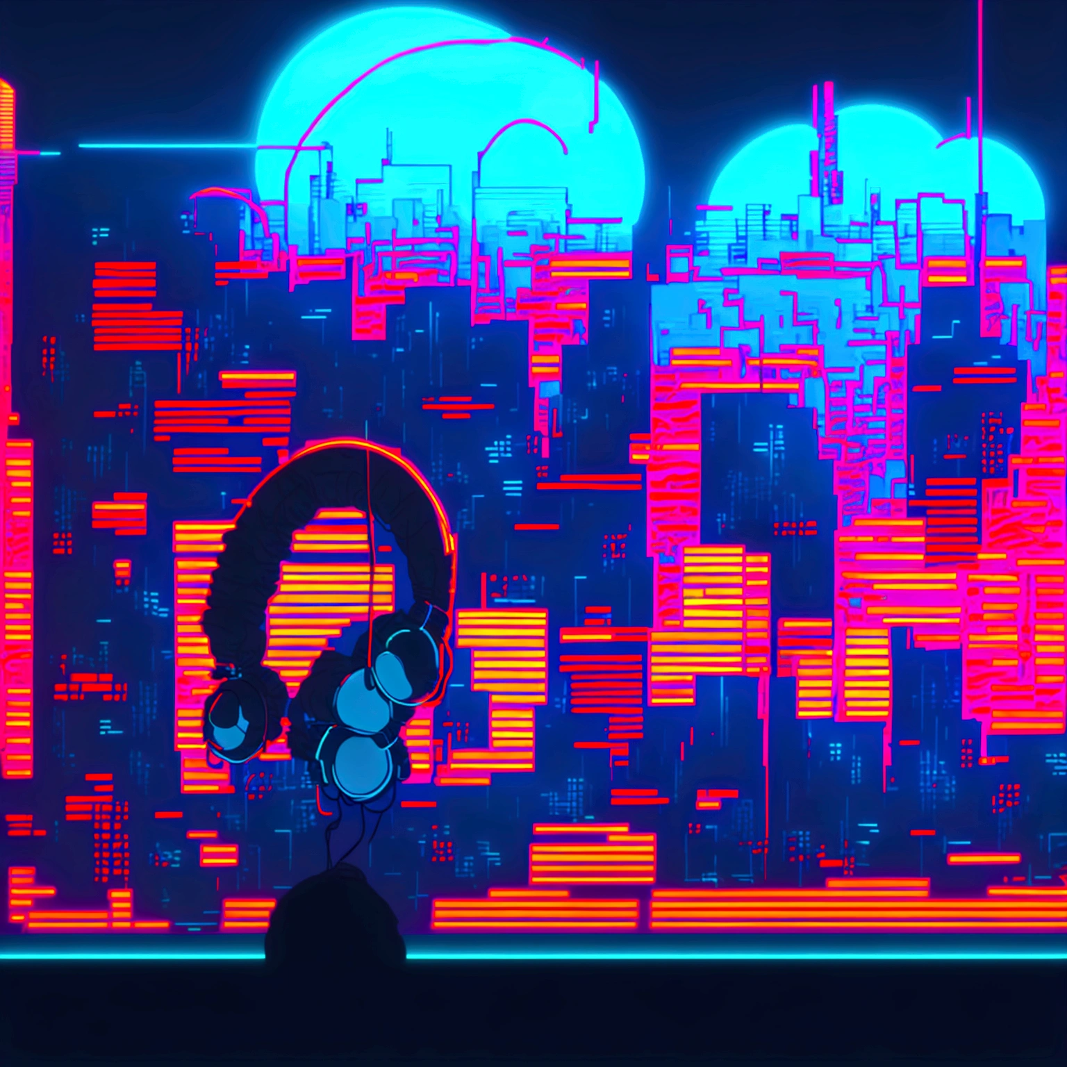 a close up of a person wearing headphones in front of a city, lofi portrait, lofi artstyle, ( ( ( synthwave ) ) ), procreate illustration, synthwave art style ]!!, [ synthwave art style ]!!, synthwave inspired, [ synthwave art style ]!! ]!!, synthwave art style, (synthwave)