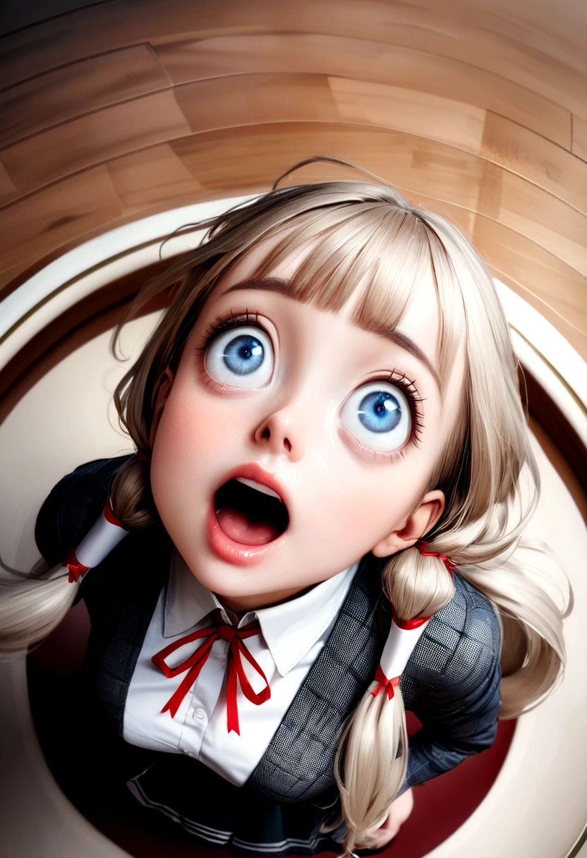 (masterpiece, Highest quality:1.1)(from above,1:2) (Surprised expression 1:1),(look up,1:2)(8K, RAW Photos, Photo Real:1.2, f22), (Shiny skin), Detailed skin,ponytail,ribbon,Detailed face, Fine grain,smilee,break, Real World, Intricate details, smile, break, One girl, whole body,(Long sleeve,ribbon,Check Pattern),break,